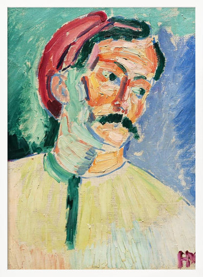 An expressionist portrait painting of a man with a thick black mustache wearing a red cap. His face is painted with a vibrant palette of orange, yellow, and pink, with green and blue used for shadows. The background is a mix of turquoise and deep blue, and the entire piece features heavy, visible brushstrokes. Artwork