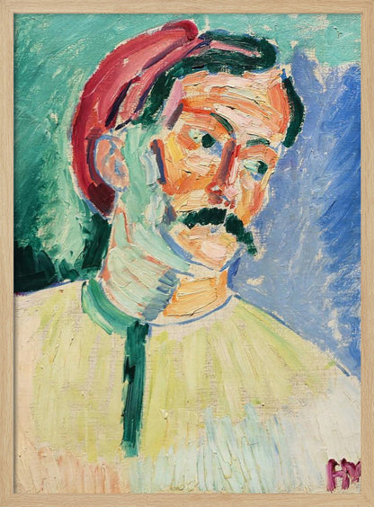 An expressionist portrait painting of a man with a thick black mustache wearing a red cap. His face is painted with a vibrant palette of orange, yellow, and pink, with green and blue used for shadows. The background is a mix of turquoise and deep blue, and the entire piece features heavy, visible brushstrokes. Artwork