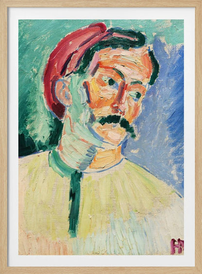 An expressionist portrait painting of a man with a thick black mustache wearing a red cap. His face is painted with a vibrant palette of orange, yellow, and pink, with green and blue used for shadows. The background is a mix of turquoise and deep blue, and the entire piece features heavy, visible brushstrokes. Artwork