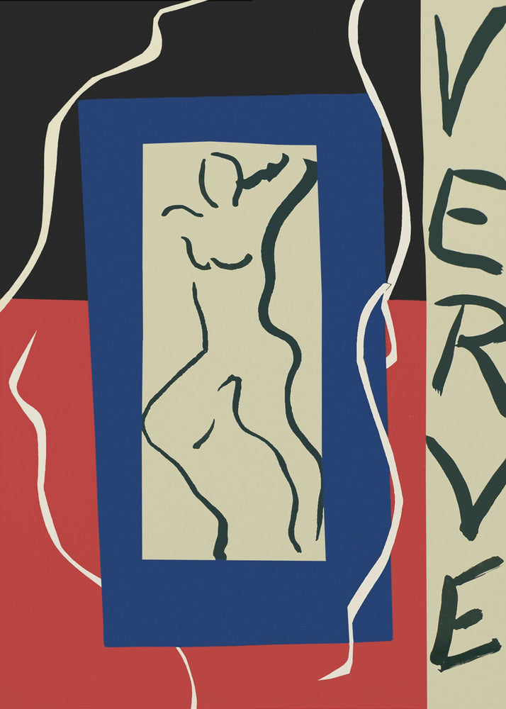 An abstract artwork by Henri Matisse featuring a stylized line drawing of a nude figure on a beige rectangle, which is set against a larger blue rectangle. The background is split between black on top and red on the bottom, with a flowing white line. On the right, the word 'VERVE' is written vertically in black letters. Decor