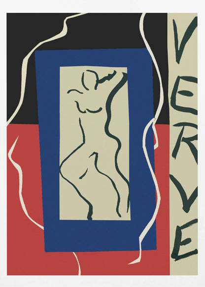 An abstract artwork by Henri Matisse featuring a stylized line drawing of a nude figure on a beige rectangle, which is set against a larger blue rectangle. The background is split between black on top and red on the bottom, with a flowing white line. On the right, the word 'VERVE' is written vertically in black letters. Decor