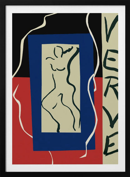 An abstract artwork by Henri Matisse featuring a stylized line drawing of a nude figure on a beige rectangle, which is set against a larger blue rectangle. The background is split between black on top and red on the bottom, with a flowing white line. On the right, the word 'VERVE' is written vertically in black letters. Decor