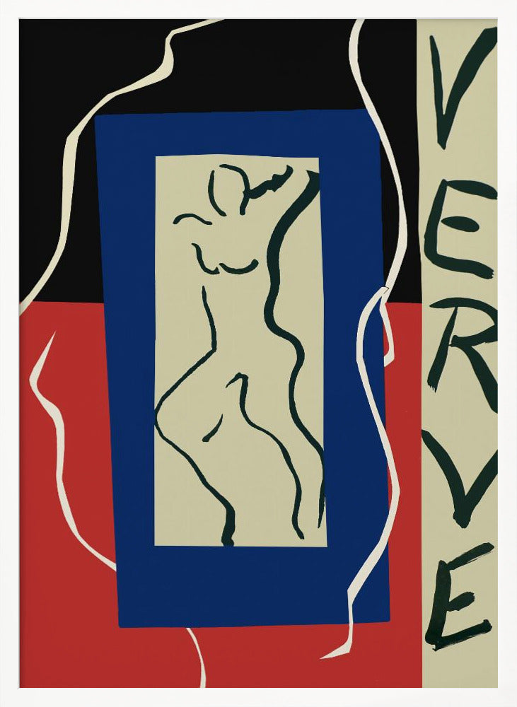 An abstract artwork by Henri Matisse featuring a stylized line drawing of a nude figure on a beige rectangle, which is set against a larger blue rectangle. The background is split between black on top and red on the bottom, with a flowing white line. On the right, the word 'VERVE' is written vertically in black letters. Decor