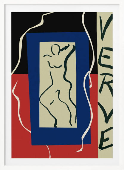 An abstract artwork by Henri Matisse featuring a stylized line drawing of a nude figure on a beige rectangle, which is set against a larger blue rectangle. The background is split between black on top and red on the bottom, with a flowing white line. On the right, the word 'VERVE' is written vertically in black letters. Decor