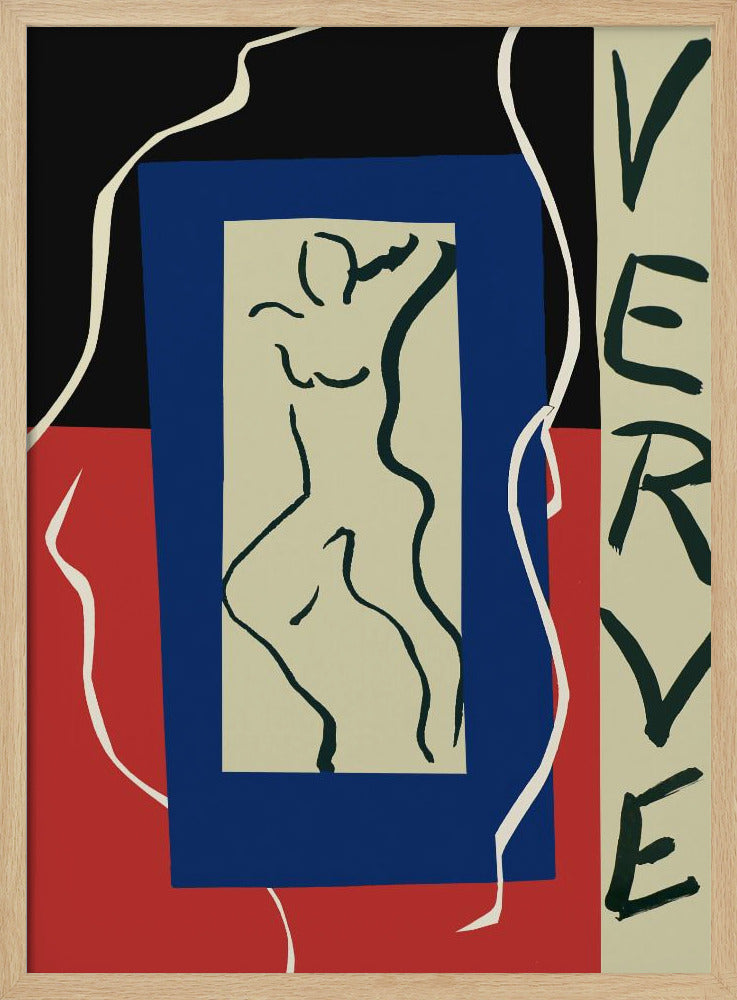 An abstract artwork by Henri Matisse featuring a stylized line drawing of a nude figure on a beige rectangle, which is set against a larger blue rectangle. The background is split between black on top and red on the bottom, with a flowing white line. On the right, the word 'VERVE' is written vertically in black letters. Decor