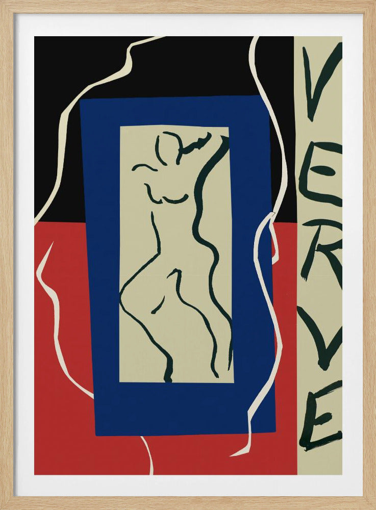 An abstract artwork by Henri Matisse featuring a stylized line drawing of a nude figure on a beige rectangle, which is set against a larger blue rectangle. The background is split between black on top and red on the bottom, with a flowing white line. On the right, the word 'VERVE' is written vertically in black letters. Decor