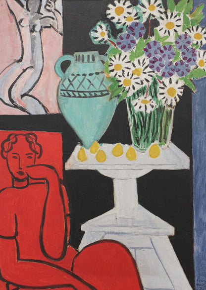 A vibrant Fauvist painting by Henri Matisse. A figure rendered in bold red sits in the foreground. Next to them, a white pedestal table holds a turquoise pitcher, a glass vase filled with white and purple daisies, and several yellow lemons, all set against a stark black background. In the upper left, a smaller picture of a grey nude figure hangs on a pink wall. Poster