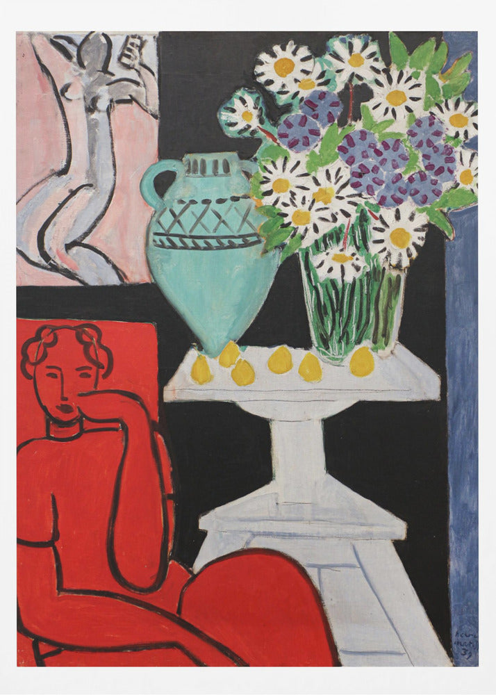 A vibrant Fauvist painting by Henri Matisse. A figure rendered in bold red sits in the foreground. Next to them, a white pedestal table holds a turquoise pitcher, a glass vase filled with white and purple daisies, and several yellow lemons, all set against a stark black background. In the upper left, a smaller picture of a grey nude figure hangs on a pink wall. Poster