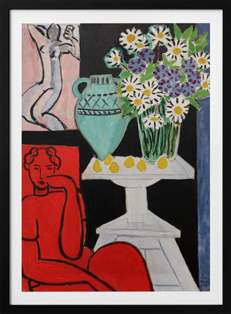 A vibrant Fauvist painting by Henri Matisse. A figure rendered in bold red sits in the foreground. Next to them, a white pedestal table holds a turquoise pitcher, a glass vase filled with white and purple daisies, and several yellow lemons, all set against a stark black background. In the upper left, a smaller picture of a grey nude figure hangs on a pink wall. Poster