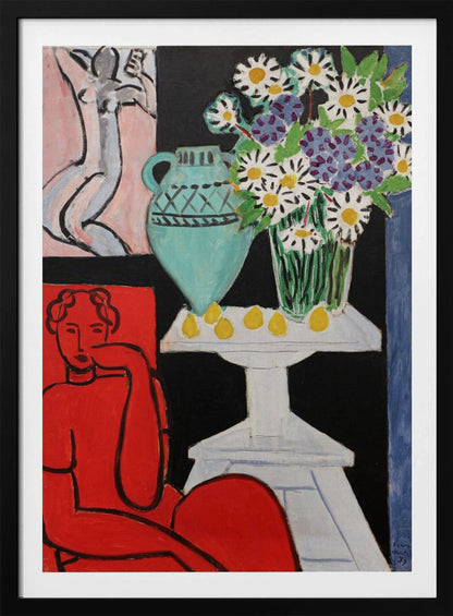 A vibrant Fauvist painting by Henri Matisse. A figure rendered in bold red sits in the foreground. Next to them, a white pedestal table holds a turquoise pitcher, a glass vase filled with white and purple daisies, and several yellow lemons, all set against a stark black background. In the upper left, a smaller picture of a grey nude figure hangs on a pink wall. Poster
