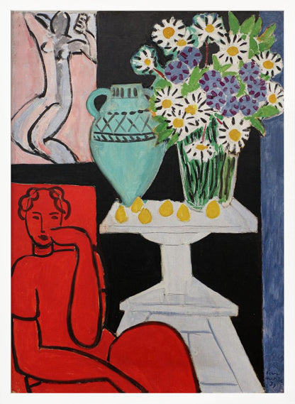 A vibrant Fauvist painting by Henri Matisse. A figure rendered in bold red sits in the foreground. Next to them, a white pedestal table holds a turquoise pitcher, a glass vase filled with white and purple daisies, and several yellow lemons, all set against a stark black background. In the upper left, a smaller picture of a grey nude figure hangs on a pink wall. Poster