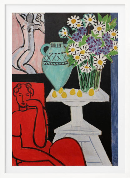A vibrant Fauvist painting by Henri Matisse. A figure rendered in bold red sits in the foreground. Next to them, a white pedestal table holds a turquoise pitcher, a glass vase filled with white and purple daisies, and several yellow lemons, all set against a stark black background. In the upper left, a smaller picture of a grey nude figure hangs on a pink wall. Poster