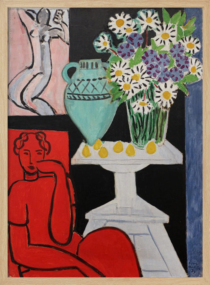 A vibrant Fauvist painting by Henri Matisse. A figure rendered in bold red sits in the foreground. Next to them, a white pedestal table holds a turquoise pitcher, a glass vase filled with white and purple daisies, and several yellow lemons, all set against a stark black background. In the upper left, a smaller picture of a grey nude figure hangs on a pink wall. Poster