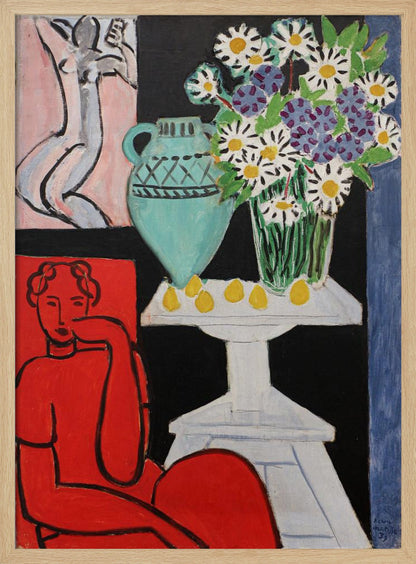 A vibrant Fauvist painting by Henri Matisse. A figure rendered in bold red sits in the foreground. Next to them, a white pedestal table holds a turquoise pitcher, a glass vase filled with white and purple daisies, and several yellow lemons, all set against a stark black background. In the upper left, a smaller picture of a grey nude figure hangs on a pink wall. Poster