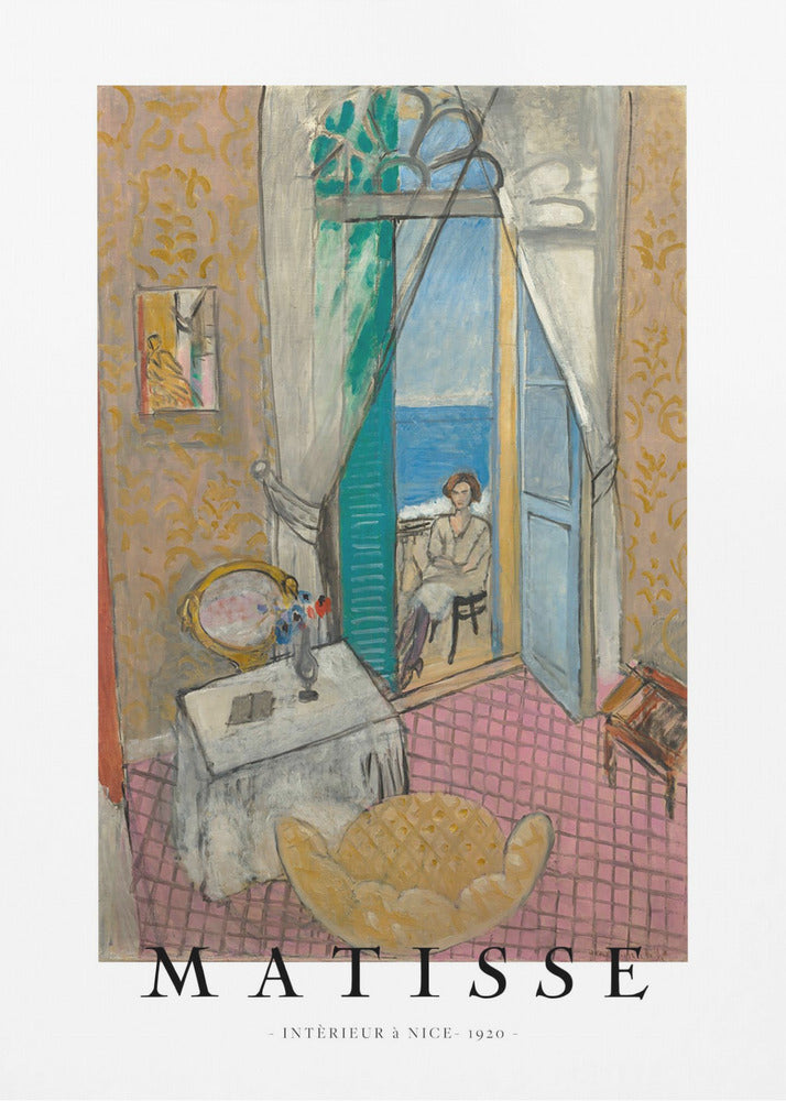 A poster of Henri Matisse's 1920 painting 'Intérieur à Nice'. The artwork depicts a room interior with an open door leading to a balcony where a woman sits overlooking the sea. The poster is in a black frame with 'MATISSE' written at the bottom. Print
