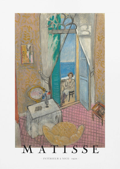 A poster of Henri Matisse's 1920 painting 'Intérieur à Nice'. The artwork depicts a room interior with an open door leading to a balcony where a woman sits overlooking the sea. The poster is in a black frame with 'MATISSE' written at the bottom. Print