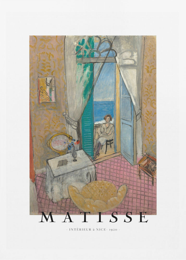 A poster of Henri Matisse's 1920 painting 'Intérieur à Nice'. The artwork depicts a room interior with an open door leading to a balcony where a woman sits overlooking the sea. The poster is in a black frame with 'MATISSE' written at the bottom. Print