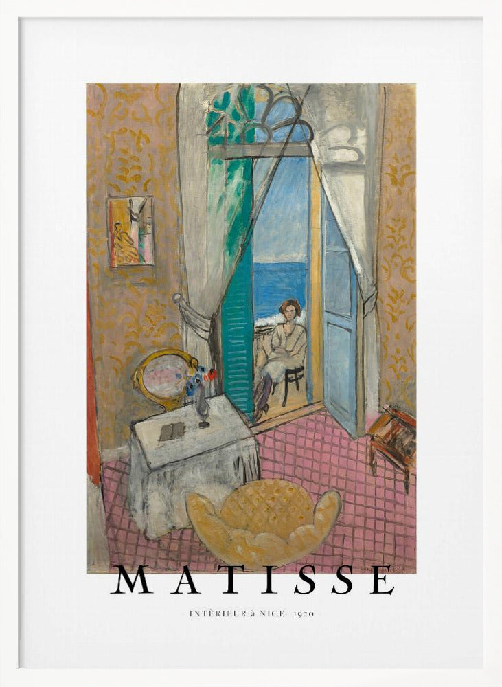 A poster of Henri Matisse's 1920 painting 'Intérieur à Nice'. The artwork depicts a room interior with an open door leading to a balcony where a woman sits overlooking the sea. The poster is in a black frame with 'MATISSE' written at the bottom. Print