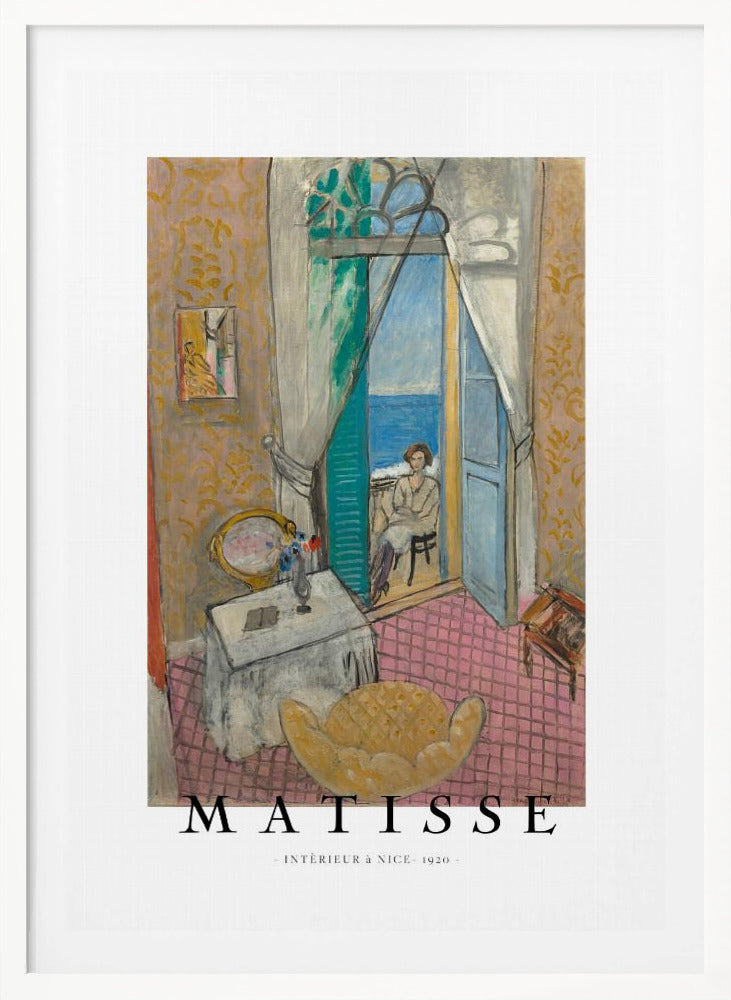 A poster of Henri Matisse's 1920 painting 'Intérieur à Nice'. The artwork depicts a room interior with an open door leading to a balcony where a woman sits overlooking the sea. The poster is in a black frame with 'MATISSE' written at the bottom. Print