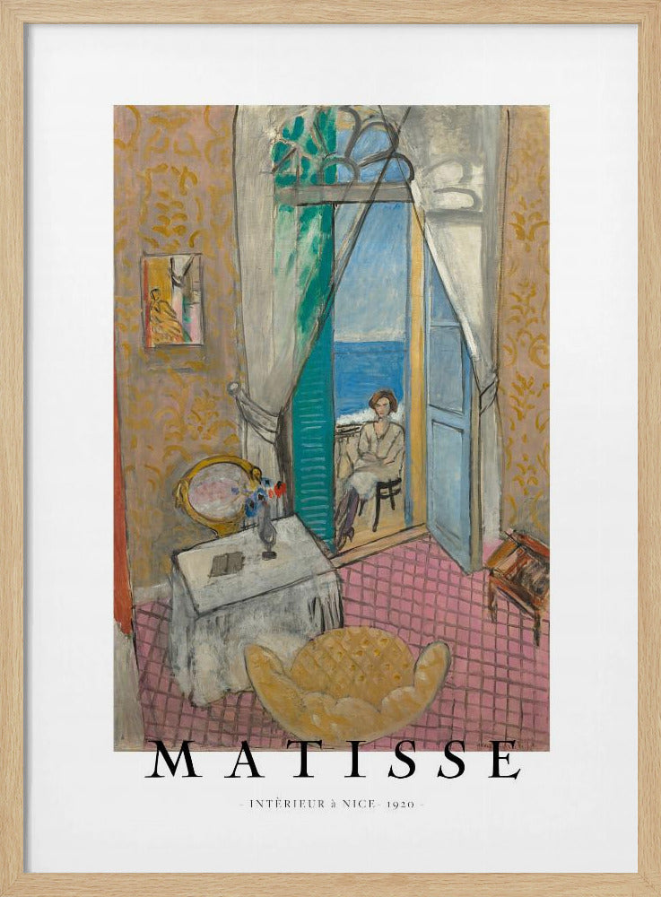 A poster of Henri Matisse's 1920 painting 'Intérieur à Nice'. The artwork depicts a room interior with an open door leading to a balcony where a woman sits overlooking the sea. The poster is in a black frame with 'MATISSE' written at the bottom. Print