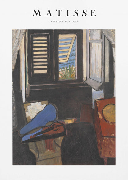 A framed poster of Henri Matisse's painting 'Intérieur au Violon'. The artwork depicts a dimly lit room with a violin resting on its open, vibrant blue case in the foreground. An open window in the background reveals a bright, sunny seascape. Poster