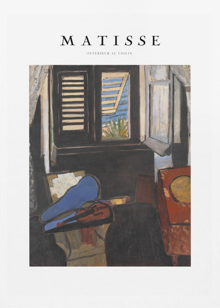 A framed poster of Henri Matisse's painting 'Intérieur au Violon'. The artwork depicts a dimly lit room with a violin resting on its open, vibrant blue case in the foreground. An open window in the background reveals a bright, sunny seascape. Poster