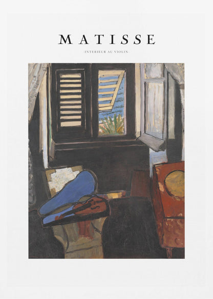 A framed poster of Henri Matisse's painting 'Intérieur au Violon'. The artwork depicts a dimly lit room with a violin resting on its open, vibrant blue case in the foreground. An open window in the background reveals a bright, sunny seascape. Poster