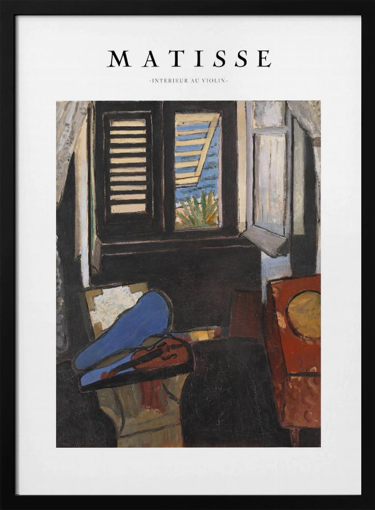 A framed poster of Henri Matisse's painting 'Intérieur au Violon'. The artwork depicts a dimly lit room with a violin resting on its open, vibrant blue case in the foreground. An open window in the background reveals a bright, sunny seascape. Poster