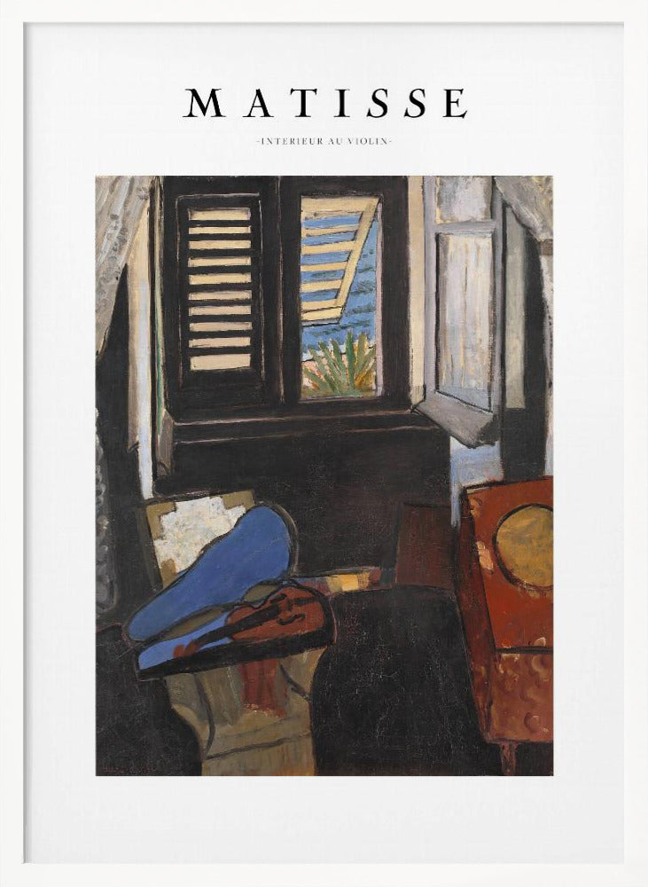 A framed poster of Henri Matisse's painting 'Intérieur au Violon'. The artwork depicts a dimly lit room with a violin resting on its open, vibrant blue case in the foreground. An open window in the background reveals a bright, sunny seascape. Poster