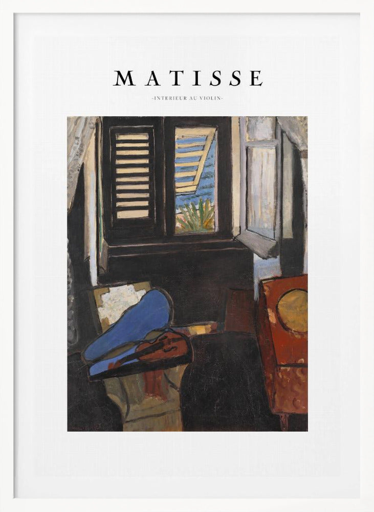 A framed poster of Henri Matisse's painting 'Intérieur au Violon'. The artwork depicts a dimly lit room with a violin resting on its open, vibrant blue case in the foreground. An open window in the background reveals a bright, sunny seascape. Poster