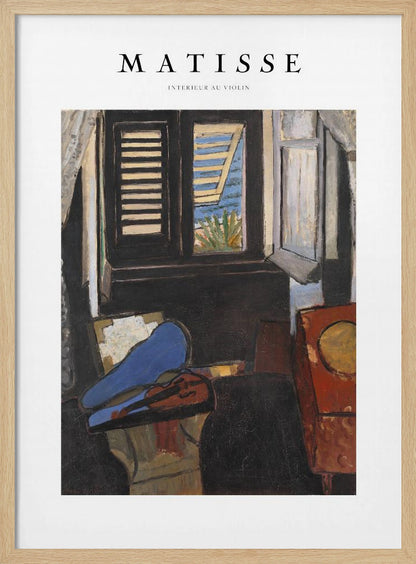 A framed poster of Henri Matisse's painting 'Intérieur au Violon'. The artwork depicts a dimly lit room with a violin resting on its open, vibrant blue case in the foreground. An open window in the background reveals a bright, sunny seascape. Poster