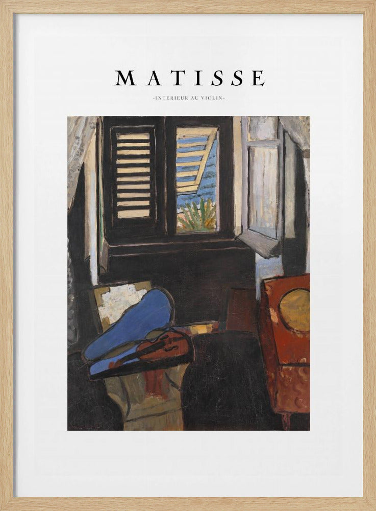 A framed poster of Henri Matisse's painting 'Intérieur au Violon'. The artwork depicts a dimly lit room with a violin resting on its open, vibrant blue case in the foreground. An open window in the background reveals a bright, sunny seascape. Poster