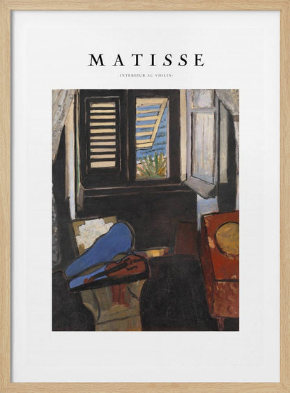 A framed poster of Henri Matisse's painting 'Intérieur au Violon'. The artwork depicts a dimly lit room with a violin resting on its open, vibrant blue case in the foreground. An open window in the background reveals a bright, sunny seascape. Poster