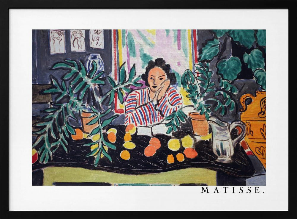 A framed print of the painting 'Woman with a Book' by Henri Matisse. The artwork features a woman in a red, white, and blue striped shirt sitting at a dark table filled with potted green plants and colorful fruit. She rests her head on her hand, looking out from the painting in a Fauvist style with bold colors and expressive brushwork. Poster