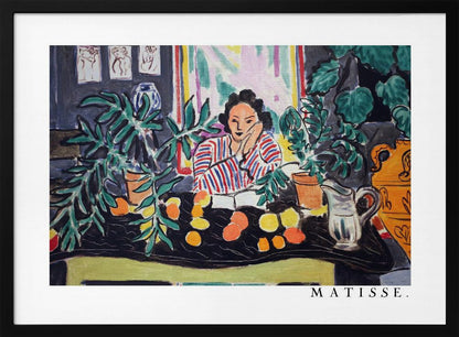 A framed print of the painting 'Woman with a Book' by Henri Matisse. The artwork features a woman in a red, white, and blue striped shirt sitting at a dark table filled with potted green plants and colorful fruit. She rests her head on her hand, looking out from the painting in a Fauvist style with bold colors and expressive brushwork. Poster