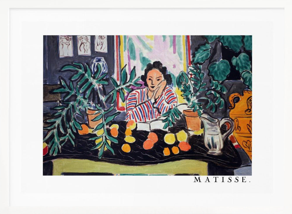 A framed print of the painting 'Woman with a Book' by Henri Matisse. The artwork features a woman in a red, white, and blue striped shirt sitting at a dark table filled with potted green plants and colorful fruit. She rests her head on her hand, looking out from the painting in a Fauvist style with bold colors and expressive brushwork. Poster