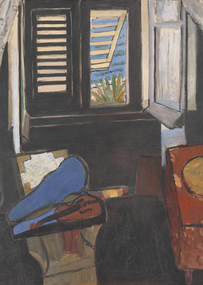 A modernist painting depicting a dark interior scene. In the foreground, a violin rests in its open case, the top of which is a vibrant blue. In the background, a window with dark shutters offers a glimpse of a bright, sunny coastal view with blue sea and green foliage. Wall Art
