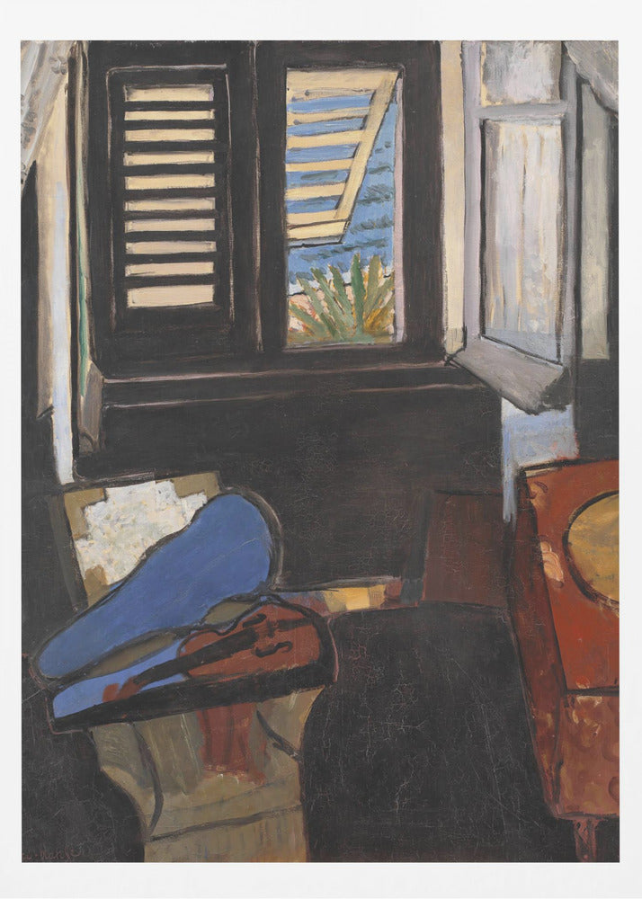 A modernist painting depicting a dark interior scene. In the foreground, a violin rests in its open case, the top of which is a vibrant blue. In the background, a window with dark shutters offers a glimpse of a bright, sunny coastal view with blue sea and green foliage. Wall Art