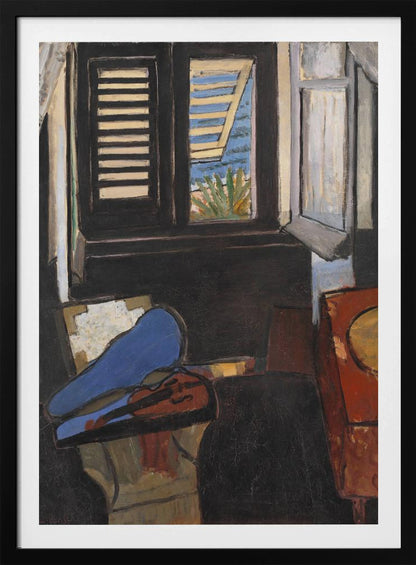 A modernist painting depicting a dark interior scene. In the foreground, a violin rests in its open case, the top of which is a vibrant blue. In the background, a window with dark shutters offers a glimpse of a bright, sunny coastal view with blue sea and green foliage. Wall Art