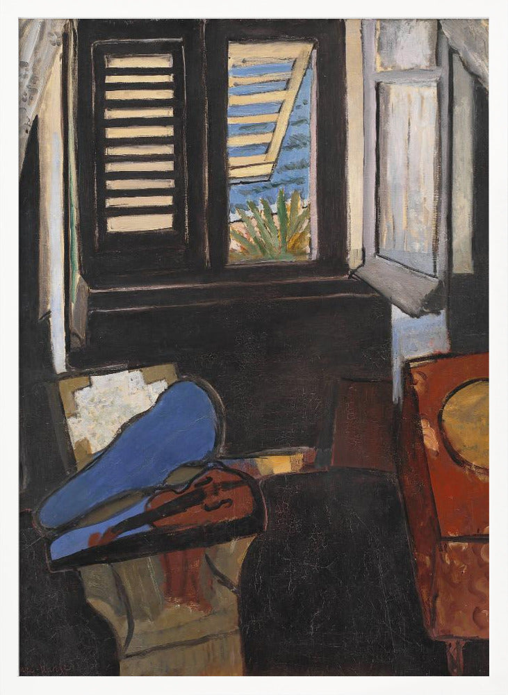 A modernist painting depicting a dark interior scene. In the foreground, a violin rests in its open case, the top of which is a vibrant blue. In the background, a window with dark shutters offers a glimpse of a bright, sunny coastal view with blue sea and green foliage. Wall Art