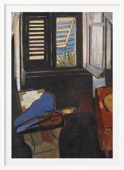 A modernist painting depicting a dark interior scene. In the foreground, a violin rests in its open case, the top of which is a vibrant blue. In the background, a window with dark shutters offers a glimpse of a bright, sunny coastal view with blue sea and green foliage. Wall Art