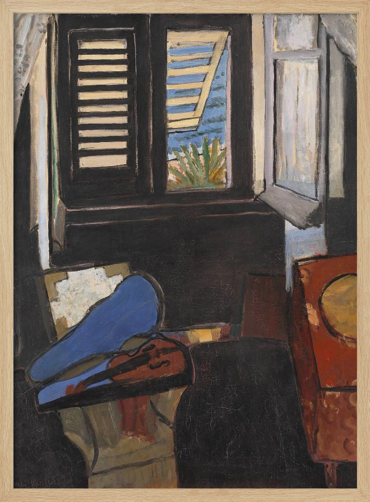 A modernist painting depicting a dark interior scene. In the foreground, a violin rests in its open case, the top of which is a vibrant blue. In the background, a window with dark shutters offers a glimpse of a bright, sunny coastal view with blue sea and green foliage. Wall Art