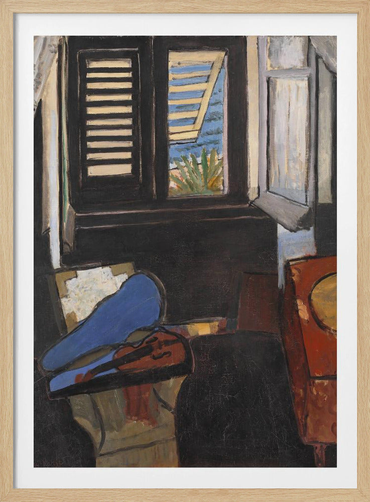 A modernist painting depicting a dark interior scene. In the foreground, a violin rests in its open case, the top of which is a vibrant blue. In the background, a window with dark shutters offers a glimpse of a bright, sunny coastal view with blue sea and green foliage. Wall Art