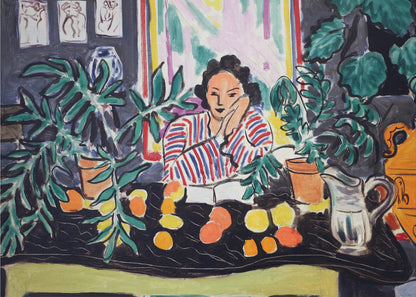 A vibrant Fauvist painting by Henri Matisse featuring a woman in a red and blue striped blouse sitting at a black table. She is surrounded by lush green potted plants and colorful citrus fruits, resting her head on her hand in a contemplative pose. Artwork