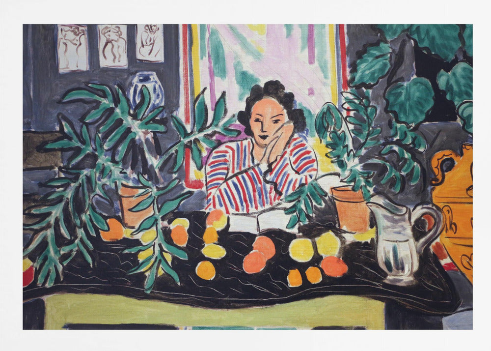 A vibrant Fauvist painting by Henri Matisse featuring a woman in a red and blue striped blouse sitting at a black table. She is surrounded by lush green potted plants and colorful citrus fruits, resting her head on her hand in a contemplative pose. Artwork