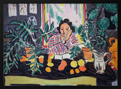 A vibrant Fauvist painting by Henri Matisse featuring a woman in a red and blue striped blouse sitting at a black table. She is surrounded by lush green potted plants and colorful citrus fruits, resting her head on her hand in a contemplative pose. Artwork