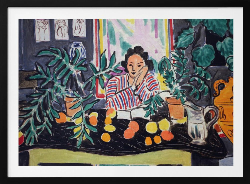 A vibrant Fauvist painting by Henri Matisse featuring a woman in a red and blue striped blouse sitting at a black table. She is surrounded by lush green potted plants and colorful citrus fruits, resting her head on her hand in a contemplative pose. Artwork