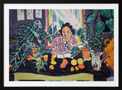 A vibrant Fauvist painting by Henri Matisse featuring a woman in a red and blue striped blouse sitting at a black table. She is surrounded by lush green potted plants and colorful citrus fruits, resting her head on her hand in a contemplative pose. Artwork