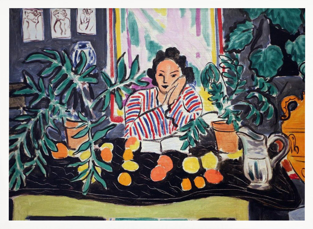 A vibrant Fauvist painting by Henri Matisse featuring a woman in a red and blue striped blouse sitting at a black table. She is surrounded by lush green potted plants and colorful citrus fruits, resting her head on her hand in a contemplative pose. Artwork