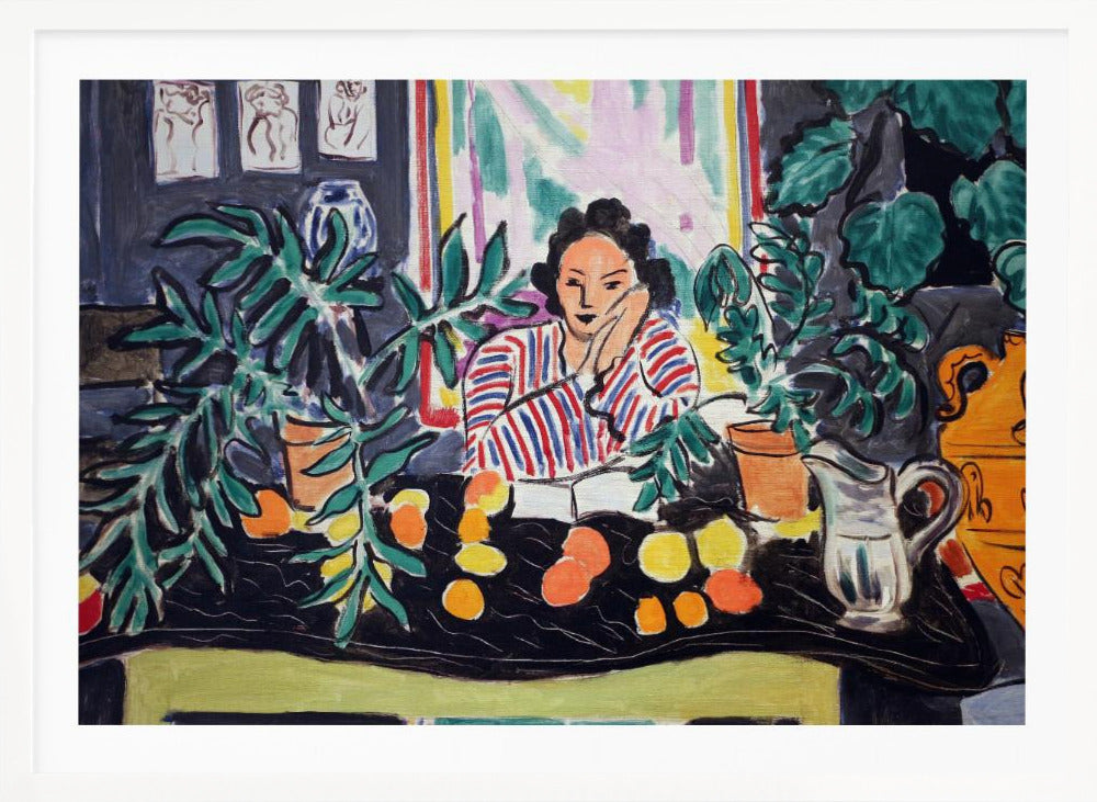 A vibrant Fauvist painting by Henri Matisse featuring a woman in a red and blue striped blouse sitting at a black table. She is surrounded by lush green potted plants and colorful citrus fruits, resting her head on her hand in a contemplative pose. Artwork